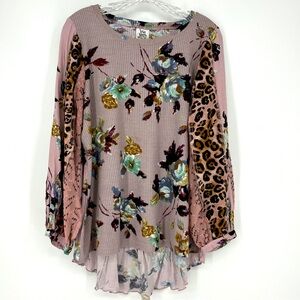 Ivy Jane Purple Blouse High Low Medium Floral Animal Mixed Print Bohemian